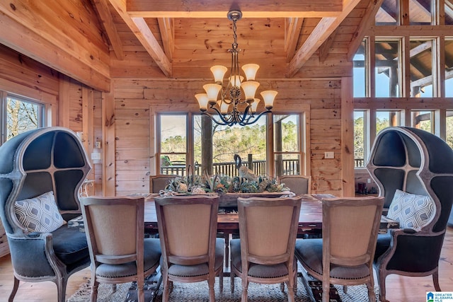 dining area with wood walls, wooden ceiling, hardwood / wood-style flooring, beamed ceiling, and a notable chandelier