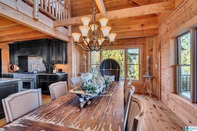 dining room featuring beamed ceiling, a notable chandelier, wood walls, wood ceiling, and light wood-type flooring