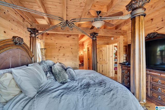 unfurnished bedroom with lofted ceiling with beams, wooden walls, and wooden ceiling