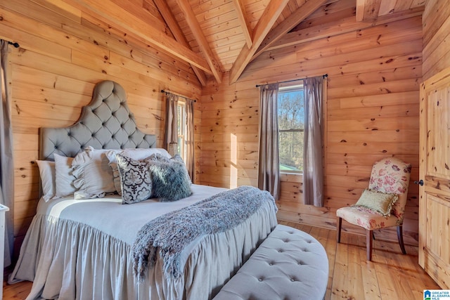 bedroom featuring light wood-type flooring, vaulted ceiling with beams, wooden walls, and wood ceiling