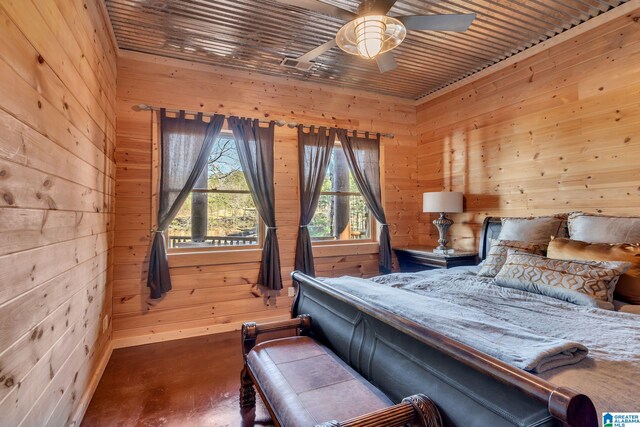 bedroom featuring ceiling fan, wooden ceiling, and wooden walls