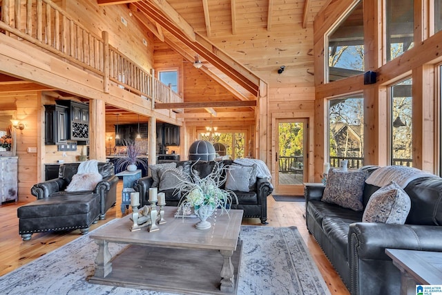 living room featuring light wood-type flooring, wooden walls, beam ceiling, high vaulted ceiling, and wooden ceiling