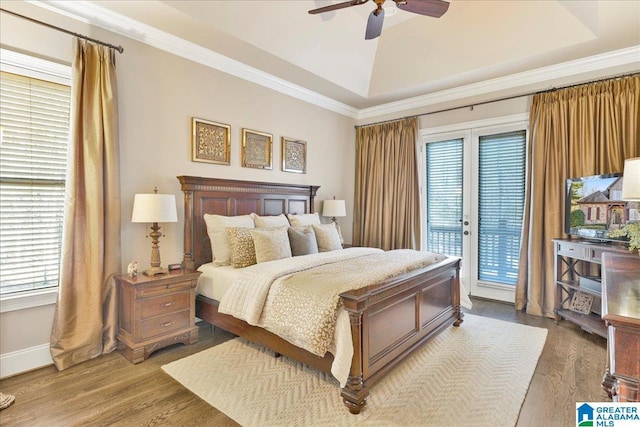 bedroom featuring hardwood / wood-style flooring, ceiling fan, access to exterior, and a tray ceiling