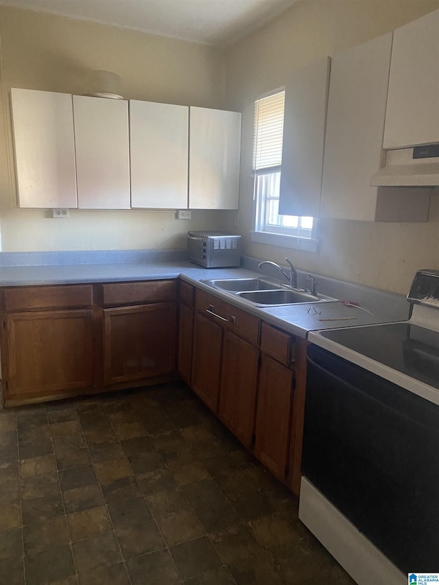 kitchen with white cabinetry, range with electric cooktop, sink, and exhaust hood