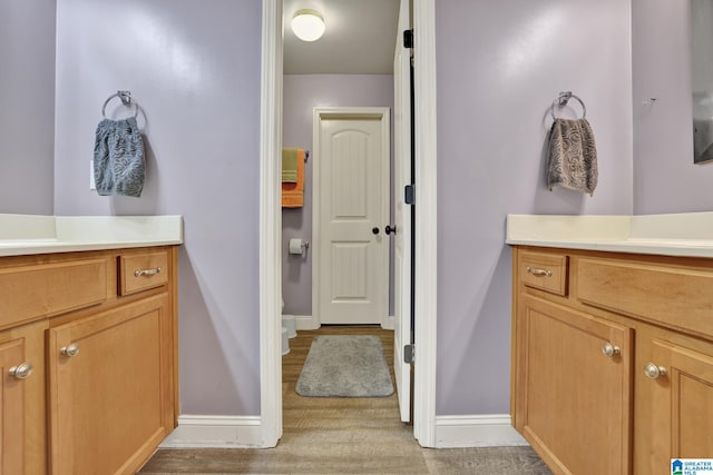 bathroom with hardwood / wood-style flooring