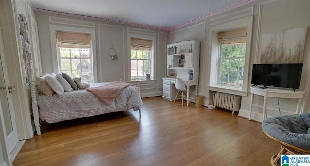 bedroom featuring multiple windows, radiator heating unit, and hardwood / wood-style flooring