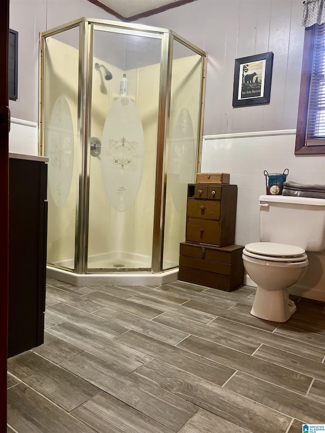 bathroom featuring vanity, toilet, and a shower with shower door