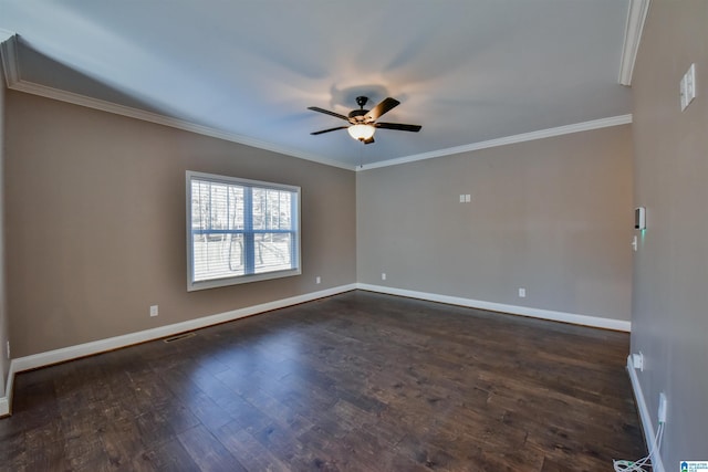 unfurnished room with ceiling fan, dark hardwood / wood-style flooring, and ornamental molding