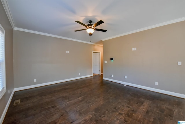 unfurnished room featuring dark hardwood / wood-style floors, ceiling fan, and ornamental molding