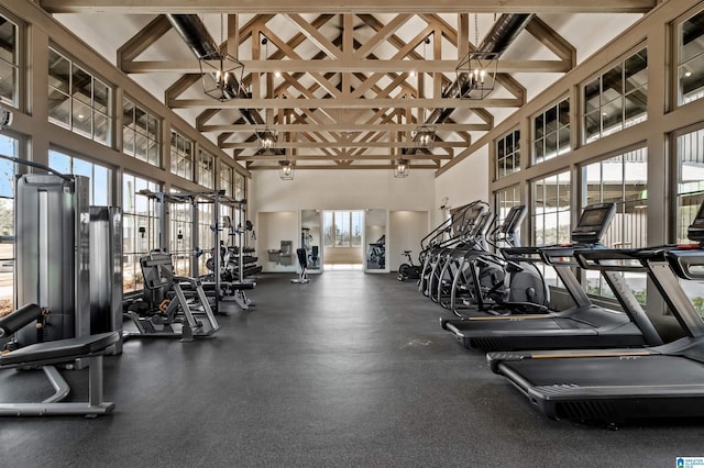 gym with high vaulted ceiling