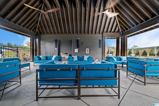 view of patio with a gazebo, ceiling fan, and outdoor lounge area