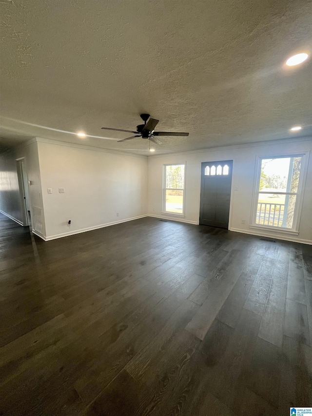 unfurnished room featuring a wealth of natural light, a textured ceiling, ceiling fan, and dark wood-type flooring