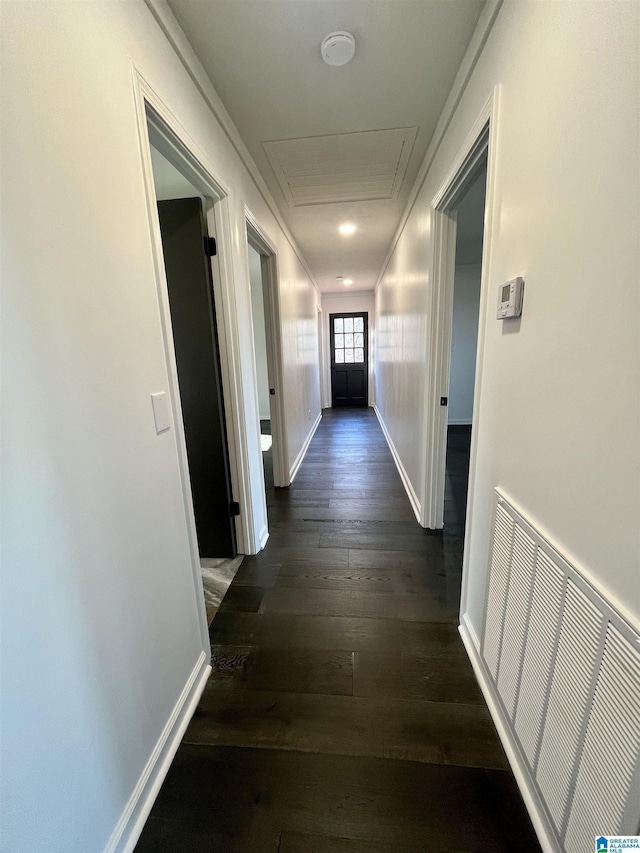 hallway featuring crown molding and dark hardwood / wood-style flooring