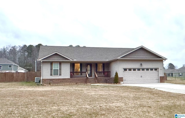 single story home featuring covered porch, a garage, and cooling unit