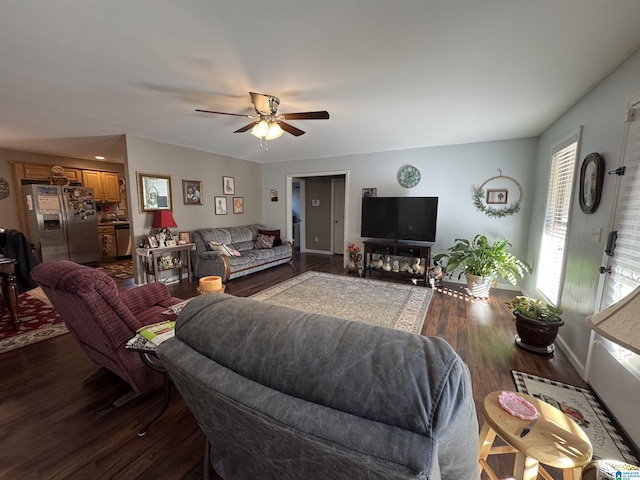 living room featuring ceiling fan and dark hardwood / wood-style flooring