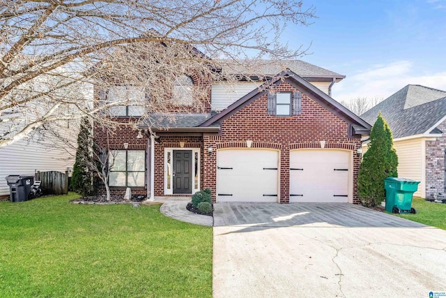 view of property with a front yard and a garage