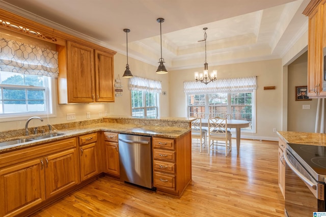 kitchen with stainless steel appliances, a raised ceiling, hanging light fixtures, and light hardwood / wood-style floors