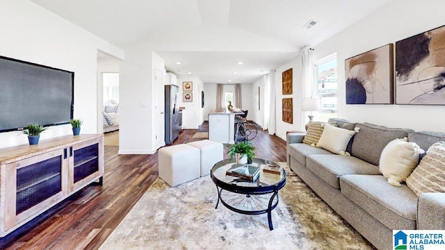 living room featuring dark wood-type flooring and lofted ceiling