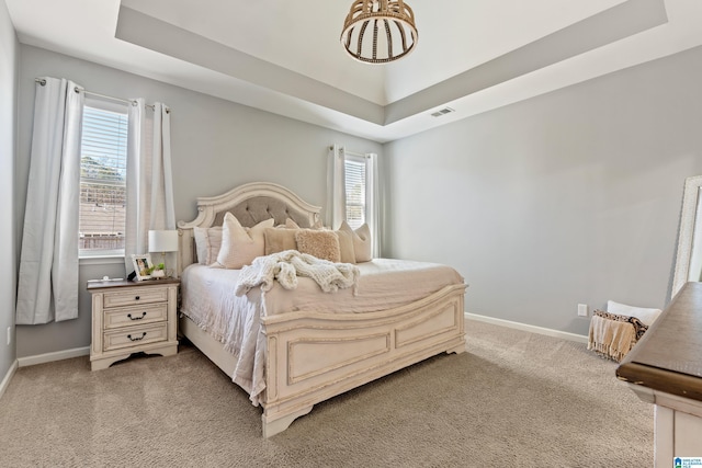 carpeted bedroom with a tray ceiling and multiple windows