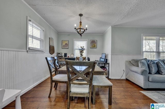 dining room with dark hardwood / wood-style floors, a healthy amount of sunlight, and a textured ceiling