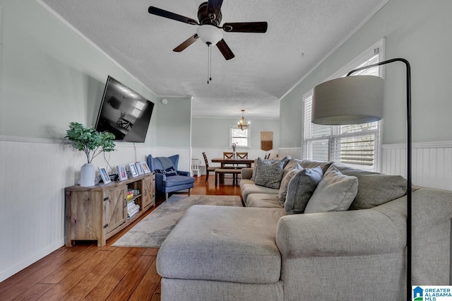 living room with hardwood / wood-style flooring, ceiling fan with notable chandelier, ornamental molding, and a textured ceiling