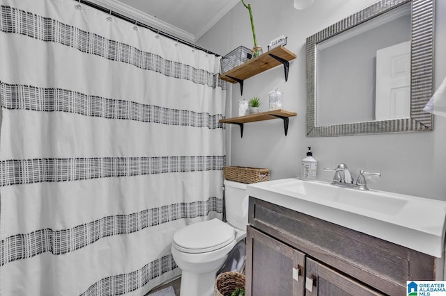 bathroom featuring vanity, toilet, ornamental molding, and walk in shower