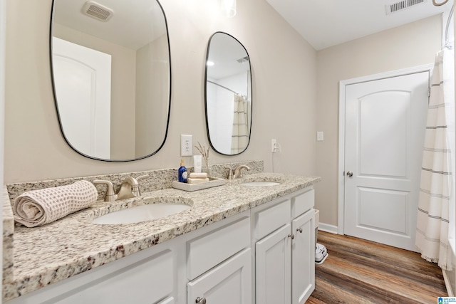 bathroom with wood-type flooring, vanity, and walk in shower