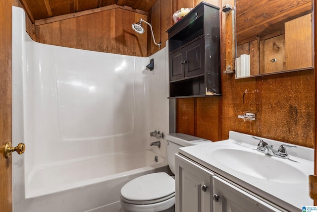 full bathroom featuring shower / bathing tub combination, vanity, wood walls, toilet, and wood ceiling