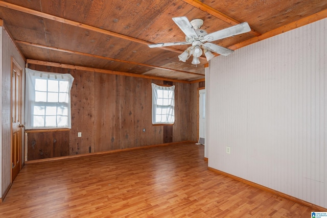 spare room with ceiling fan, wood walls, light wood-type flooring, and wooden ceiling