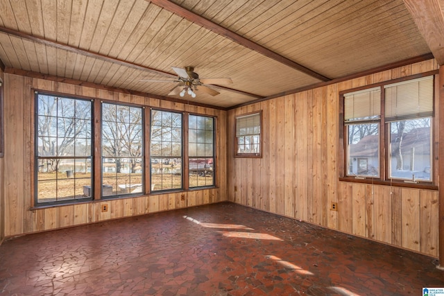 spare room featuring ceiling fan, wooden walls, and wood ceiling