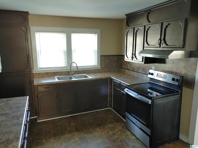 kitchen with range hood, stainless steel range with electric cooktop, and sink