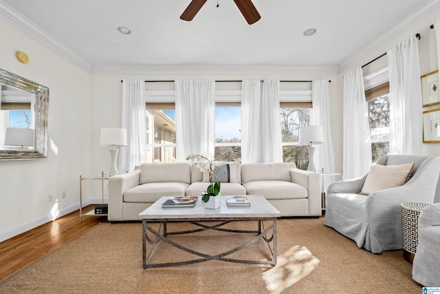 living room featuring ceiling fan, light wood-type flooring, and ornamental molding