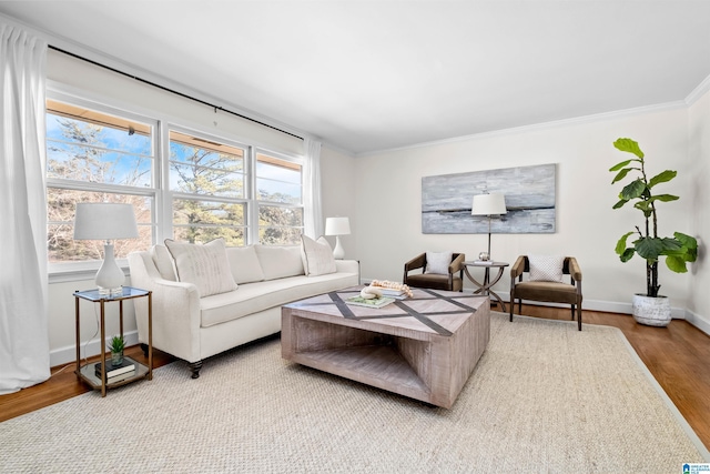 living room with light hardwood / wood-style flooring, plenty of natural light, and crown molding