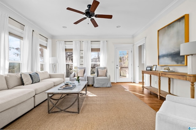 living room with crown molding, ceiling fan, and wood-type flooring