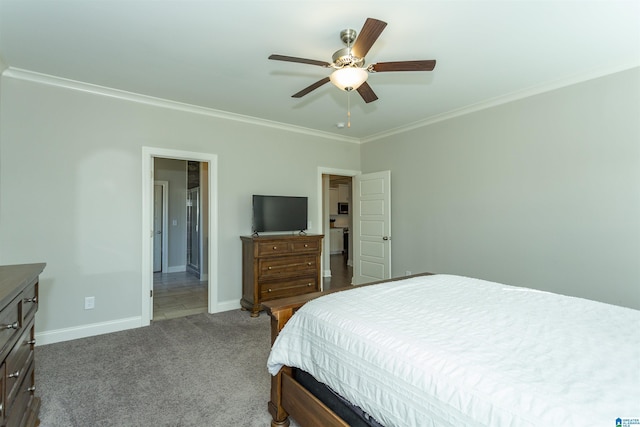 bedroom with carpet, ceiling fan, and ornamental molding