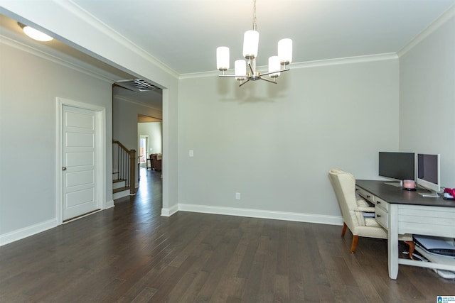 office with crown molding, dark wood-type flooring, and a chandelier