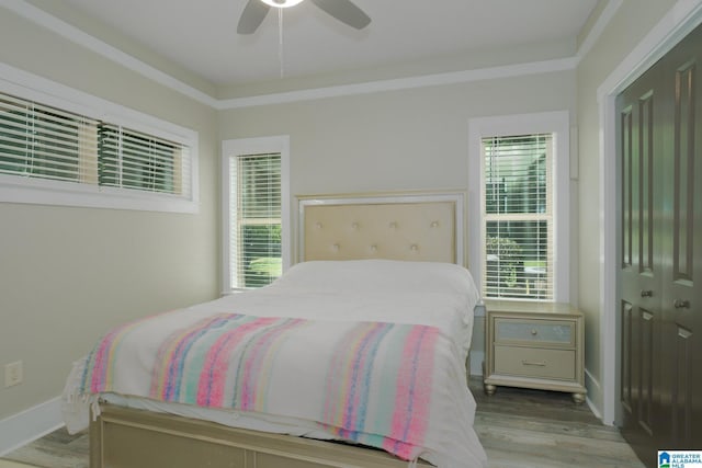 bedroom featuring ceiling fan, a closet, and light wood-type flooring