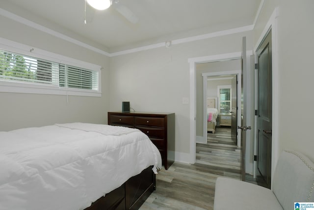 bedroom featuring a closet, light hardwood / wood-style floors, and ceiling fan