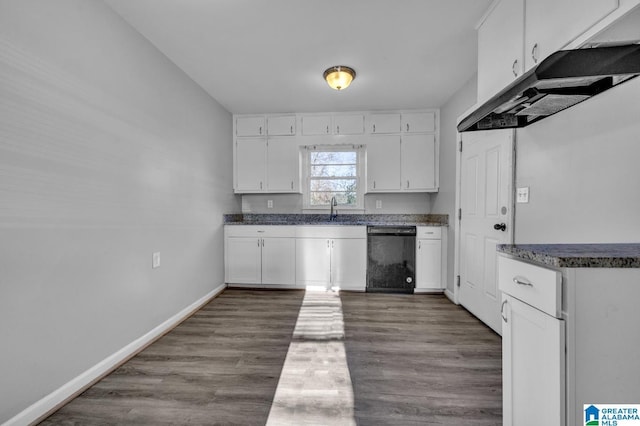 kitchen featuring dishwasher, dark hardwood / wood-style flooring, white cabinets, and sink