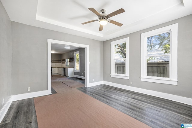 unfurnished room with dark hardwood / wood-style floors, a raised ceiling, and plenty of natural light