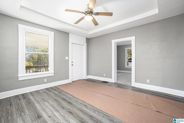 spare room with a raised ceiling, ceiling fan, and hardwood / wood-style flooring