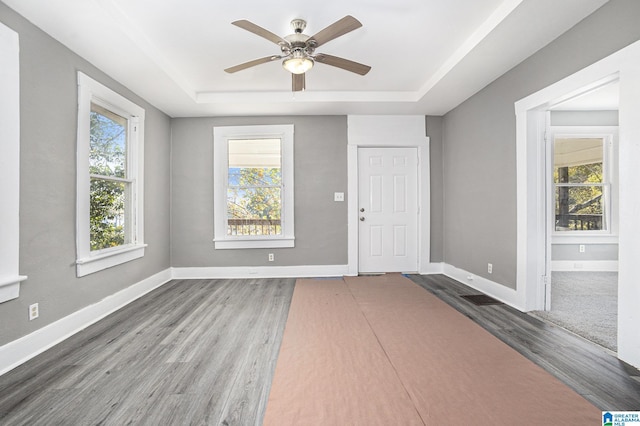 entrance foyer featuring a raised ceiling, ceiling fan, and hardwood / wood-style floors