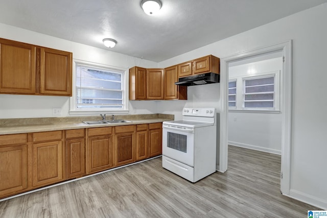 kitchen with electric range, sink, and light wood-type flooring