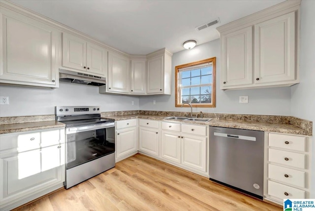 kitchen with white cabinetry, sink, light wood-type flooring, and appliances with stainless steel finishes