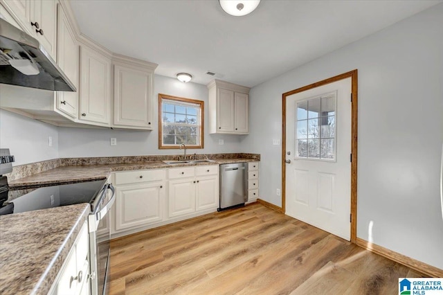 kitchen featuring white cabinets, light hardwood / wood-style floors, sink, and stainless steel appliances