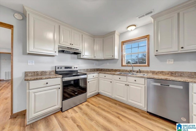 kitchen featuring sink, white cabinetry, stainless steel appliances, and light wood-type flooring