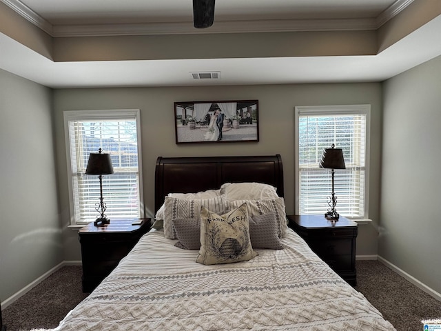 carpeted bedroom with a raised ceiling, ornamental molding, and multiple windows