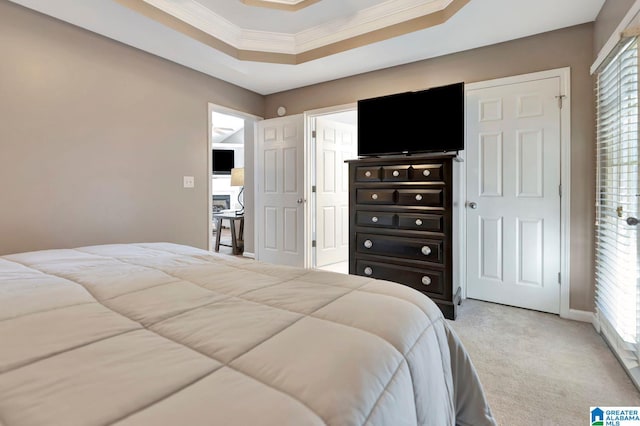 bedroom featuring carpet flooring, a tray ceiling, and crown molding