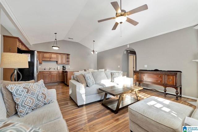 living room featuring ornamental molding, light hardwood / wood-style flooring, and lofted ceiling