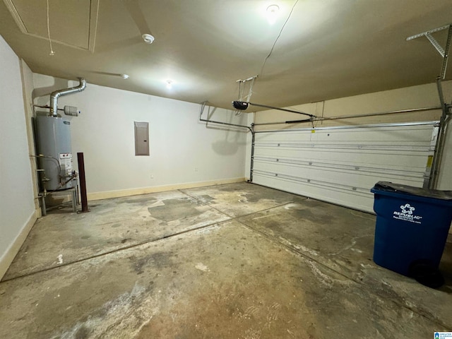 garage featuring electric panel, a garage door opener, and water heater